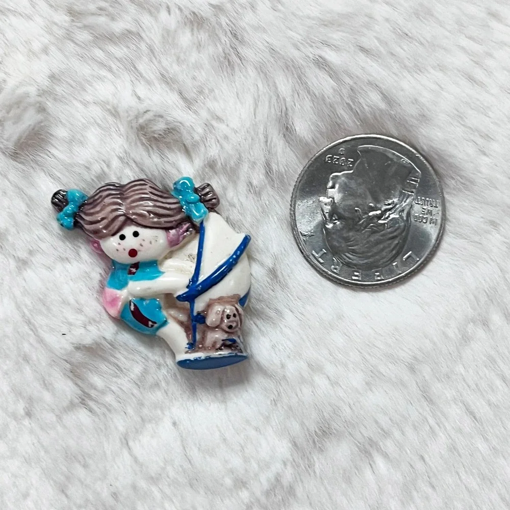 🔮 5/$25 Vintage Girl With Pigtails Walking Dog With Umbrella Pin‎